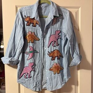 Light Blue Button-Up Shirt with Sequin Dinosaur Patches